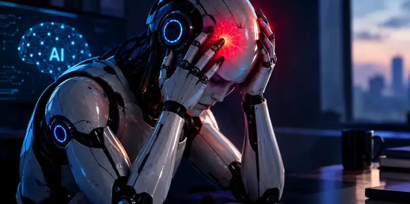 Robot cu inteligență artificială simbolizând durere și tensiune emoțională