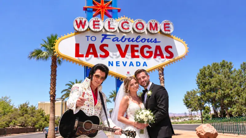 Ma'aurata a Las Vegas suna tsaye tare da mai kwaikwayon Elvis Presley mai rike da gitar
